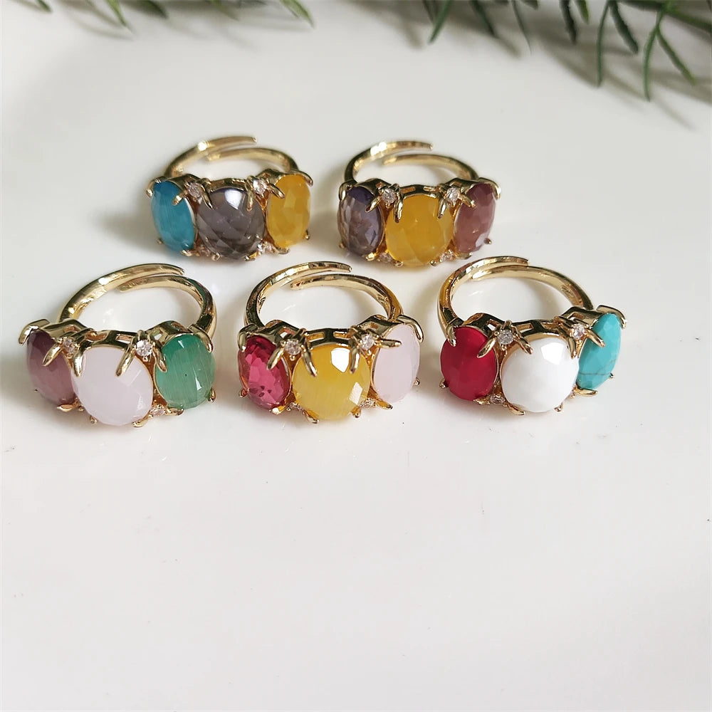 Best Selling Natural Raw Gemstone Oval Quartz Rings Jewelry 18k Gold Plated Multi Crystal Stone with Zircon Ring for Wholesale