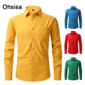 Ohsisa Anti-Wrinkle Men's Twill Sleeved Business Casual Shirt Autumn Solid Color Elastic Baggy Outer Wear Anti-Pilling