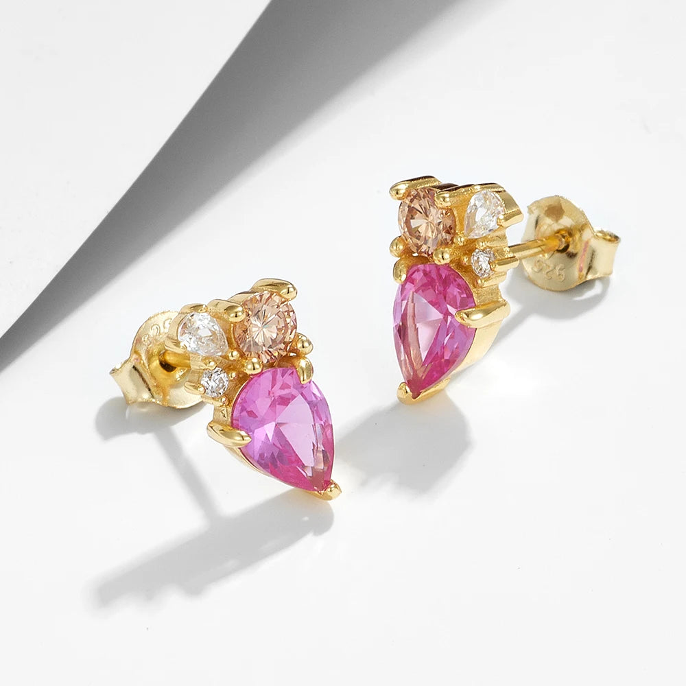 Aretes De Plata Fashion Luxury 925 Sterling Silver Geometric Water Drop Multi Color Zircon Gold Plated Stud Earrings Jewelry