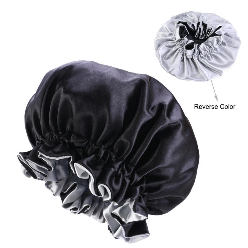 Satin Bonnet Night Sleep Hat Double Sided Layer Shower Cap Solid Color Women Satin Hair Bonnet Cap