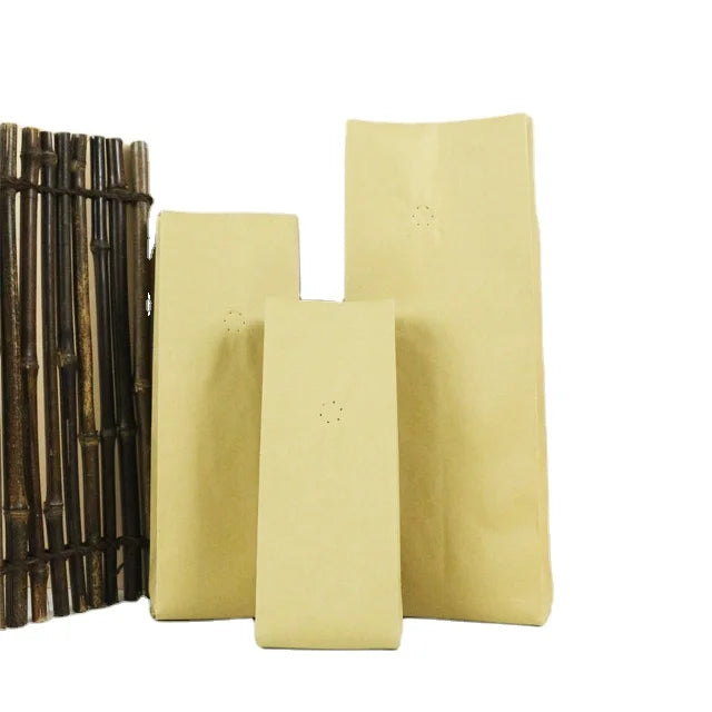 Eco-Friendly Biodegradable Kraft Paper Packaging Bag for Coffee Beans Flat Bottom Zipper Valve Tin Tie Smell Proof for Food