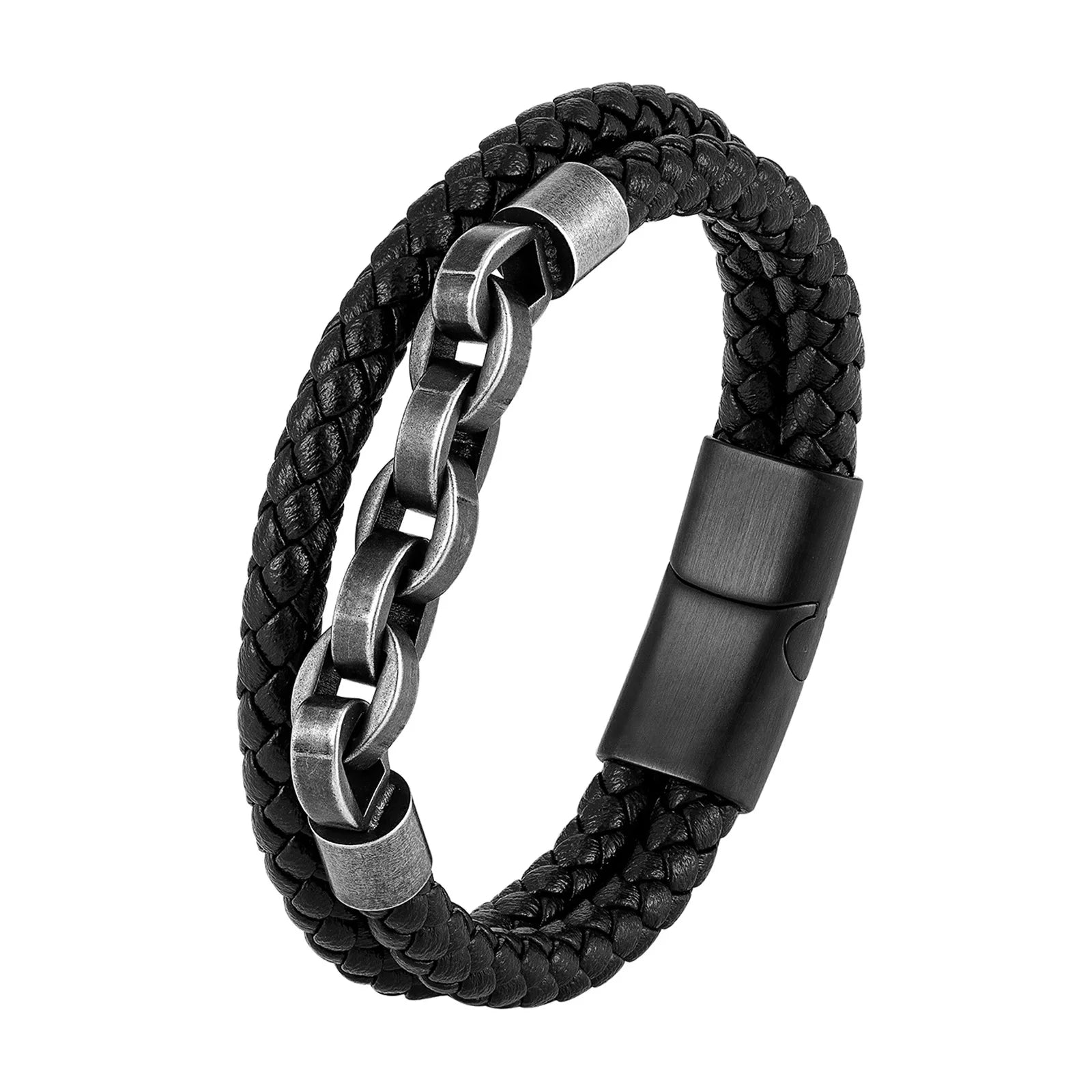 Double Layers Black Woven Genuine Leather Handmade Men Bracelets Stainless Steel Biker Chain Jewelry With Magnetic Buckle OT-198