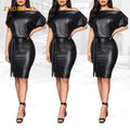 Clothing Manufacturers Custom Women Summer Black Asymmetrical Sexy Faux Leather Short Sleeve Knee Length Pencil Bodycon Dress