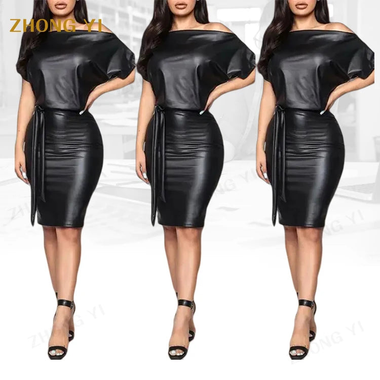 Clothing Manufacturers Custom Women Summer Black Asymmetrical Sexy Faux Leather Short Sleeve Knee Length Pencil Bodycon Dress