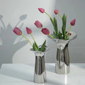 Nordic Style Small Ceramic Vase Light Luxury Electroplated Silver Petal Fish Tail Design for Home Dining Table Decoration