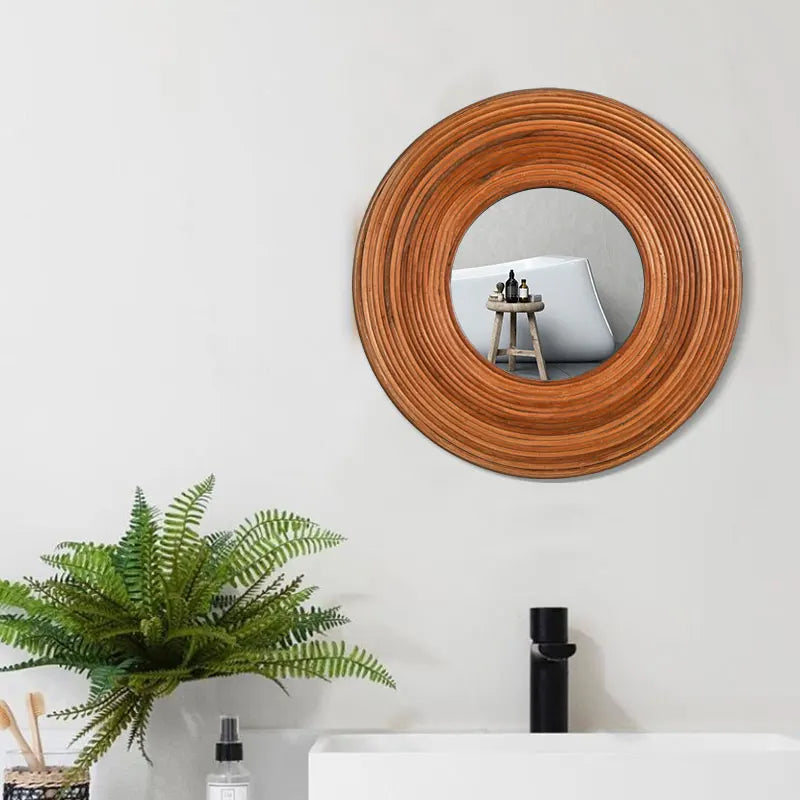 40cm Light Luxury Modern Rattan Wooden Decor Wall Mirrors Super Quality Brown Round Wall Decorative Mirror