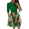 RNSHANGER Womens Dresses Fashion Printing Zipper Long Sleeve Slim A-Line Casual O-Neck Daily Knee-Length Breathable Belt