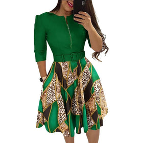 RNSHANGER Womens Dresses Fashion Printing Zipper Long Sleeve Slim A-Line Casual O-Neck Daily Knee-Length Breathable Belt