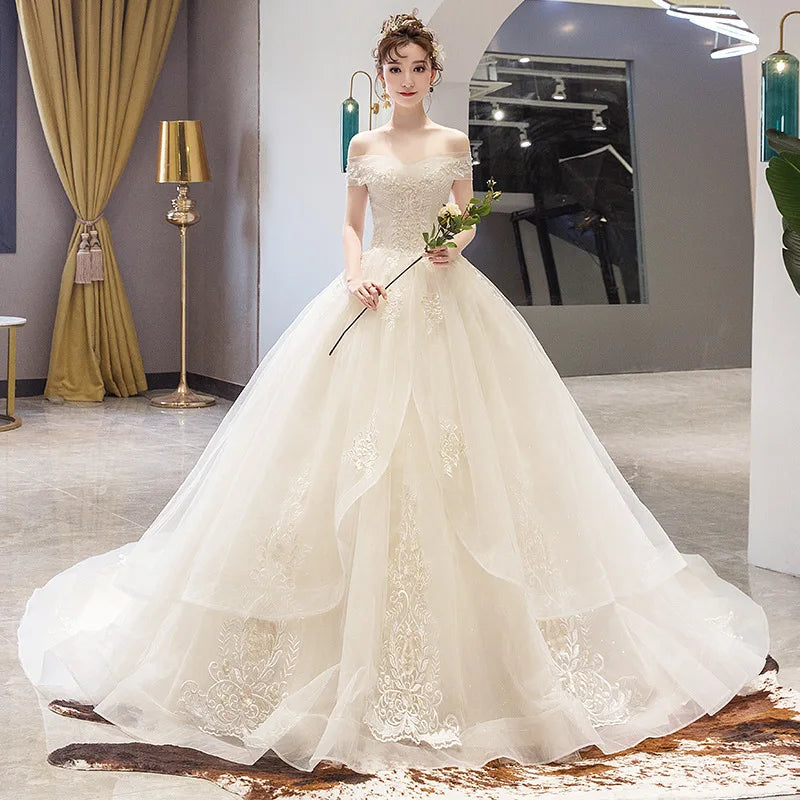 Beautiful Appliques Marie Bride Dress Tulle Beading Ruched Short Sleeves Ball Gown Wedding Dresses