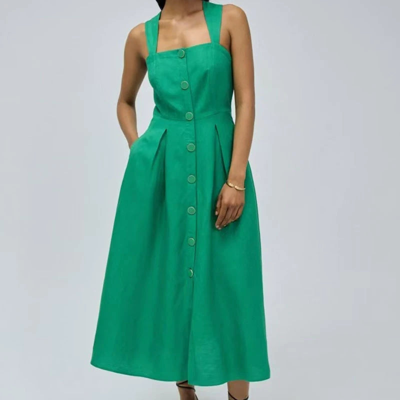Clothing Factory Supports OEM/ODM Customizable Sleeveless Camisoles Skirts Linen Dresses Button Decoration Woven Digital