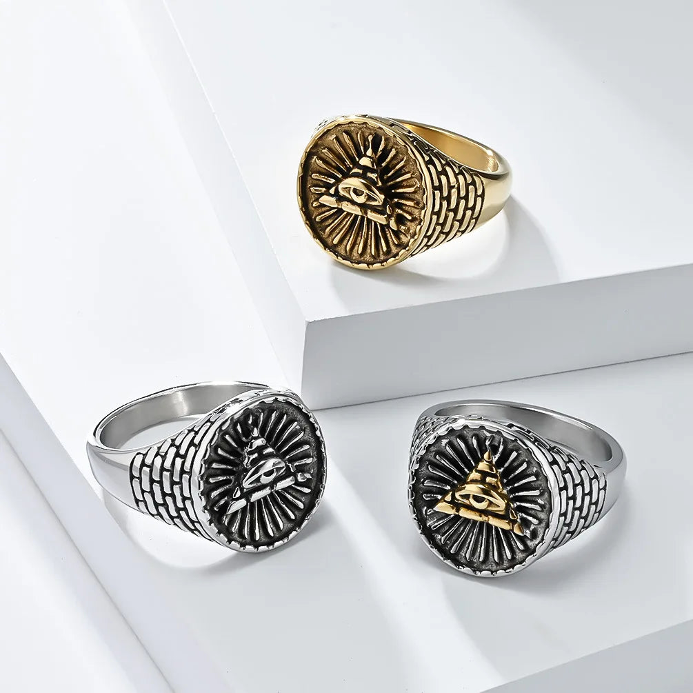 Egypt Triangle Pyramid Printed Ring Stainless Steel God's Eye Signet Ring Non Tarnish Water Proof  Men Jewellery
