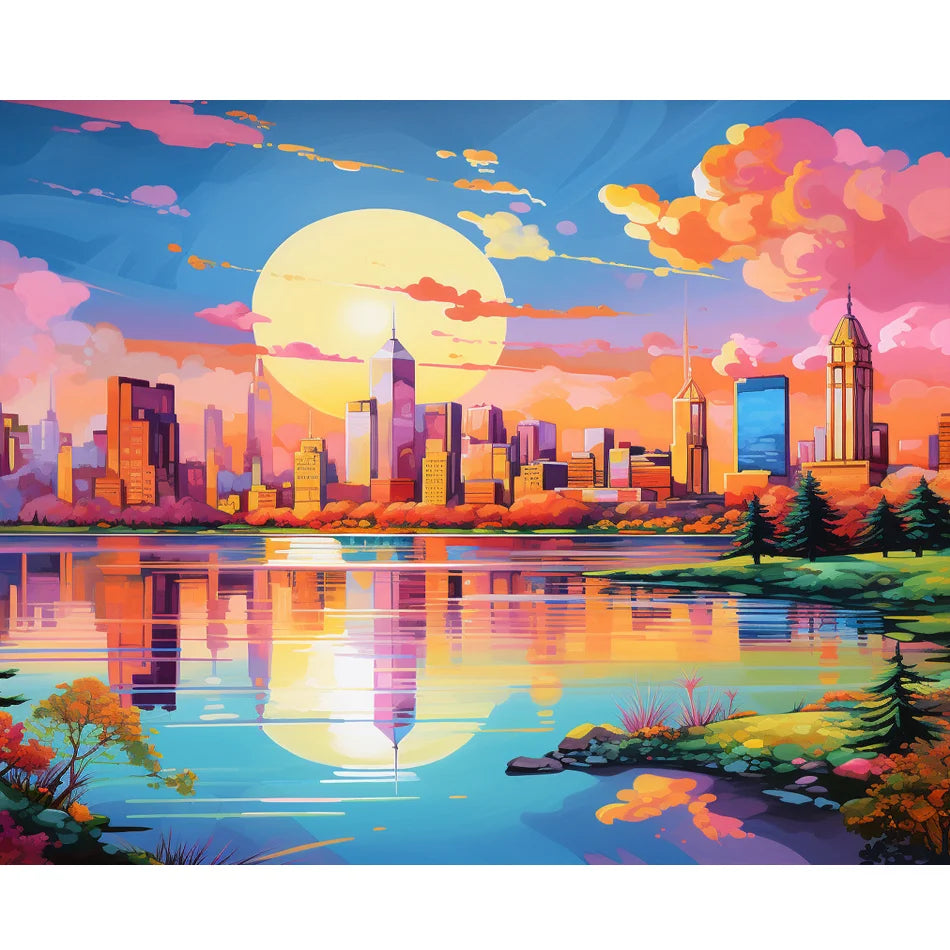 Cartoon City Picture Diamond Painting Embroidery Full Round Landscape Wall Decor 30x40cm Rhinestone and Canvas for Home Use