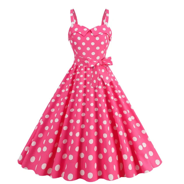 2026 Women Summer Dress Casual Elegant Vintage Spaghetti Strap Polka Dot Print Party Midi Vestidos 50s 60s Pinup Robe
