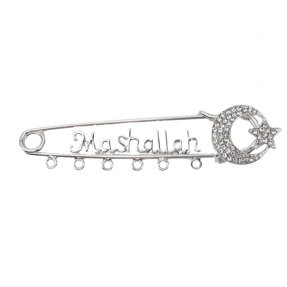6 Loops 10.5CM Rhinestone Crystal Silver Moon Brooch Baby Pins Children's Wedding Safety Pins Allah Mashallah Arabic for Muslim