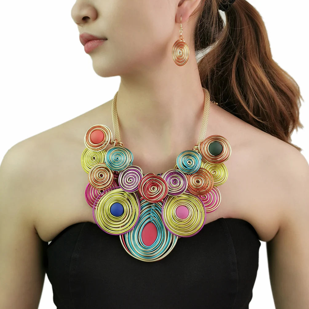 Fashion Retro Ethnic Bohemian Aluminum Alloy Wire Statement Jewelry Set Large Pendant Handmade Collar Necklace Drop Earrings Set