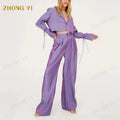 Hot Sales Women Satin Shimmer High Waist Wide Leg Pants With Suit Jacket Purple Colorful Pants for Spring and Autumn Set