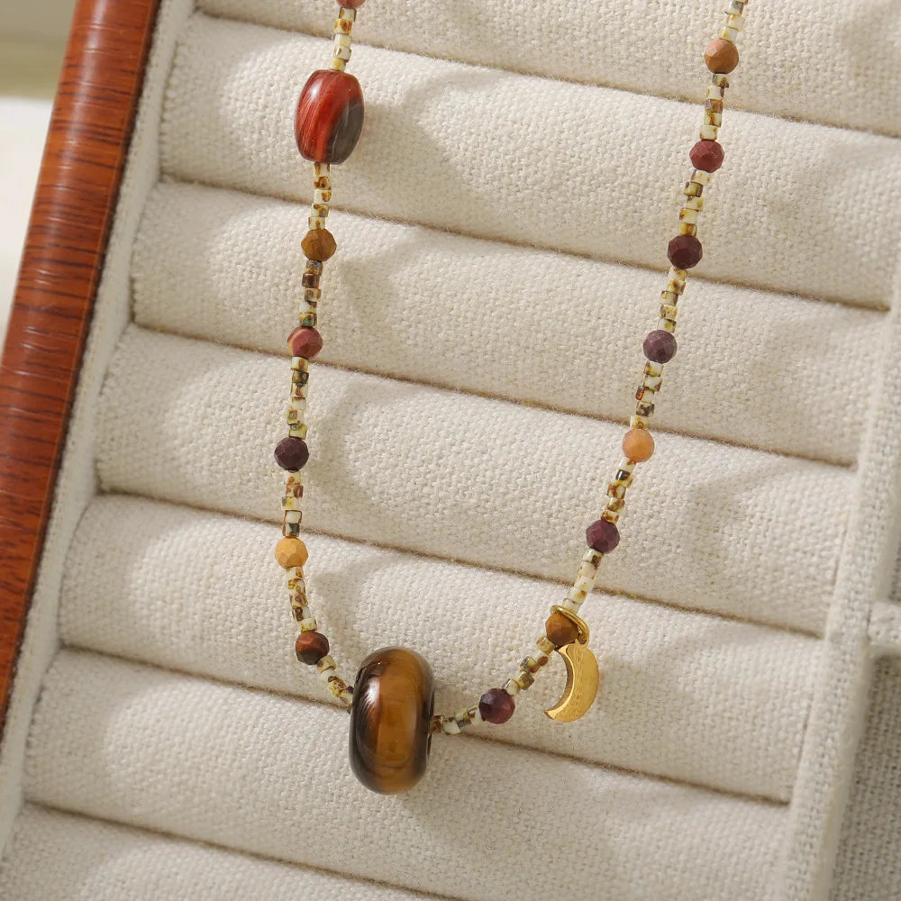 18k Gold Plated Fashion tiger Eye Czech Beads Egg Yolk Stone Moon Shape Necklace Women