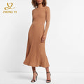 Clothing Factory Wholesale Custom Solid Color Women Autumn Pleated Design Round Neck Long Sleeve Casual Tight Sweater Long Dress