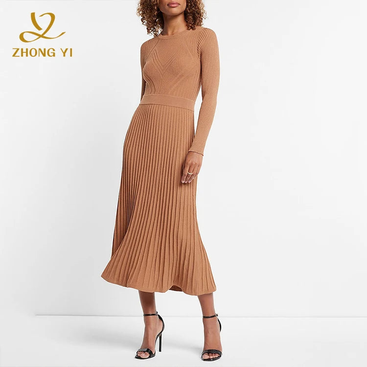 Clothing Factory Wholesale Custom Solid Color Women Autumn Pleated Design Round Neck Long Sleeve Casual Tight Sweater Long Dress