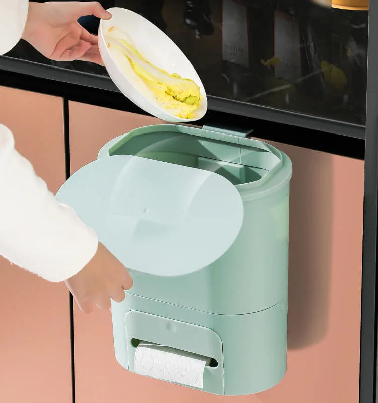 Multifunctional Kitchen Trash Can Toilet Slide Lid Trash Can Household Perforation-free Wall Hanging Trash Can with Tissue Box