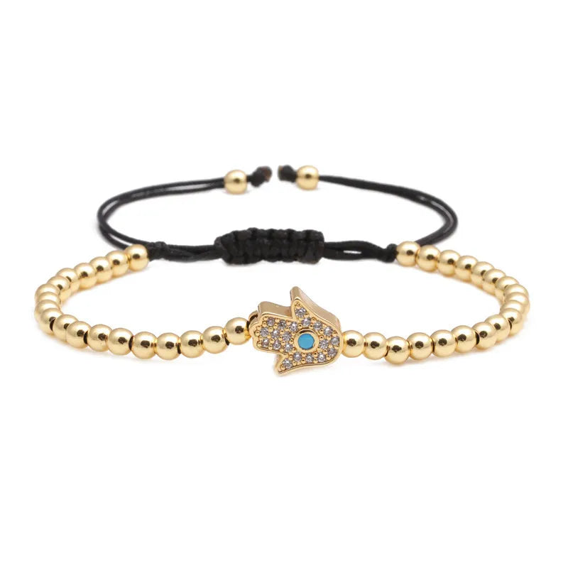 Hand-woven Copper Micro-inlaid Zircon Adjustable Palm of Fatima Evil Eye Bracelet