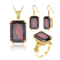 Vintage Victorian 24k Gold Plated Garnet Gemstone Ring Earrings Necklace Set Dropshipping Silver Jewelry Hawaiian Jewelry Set