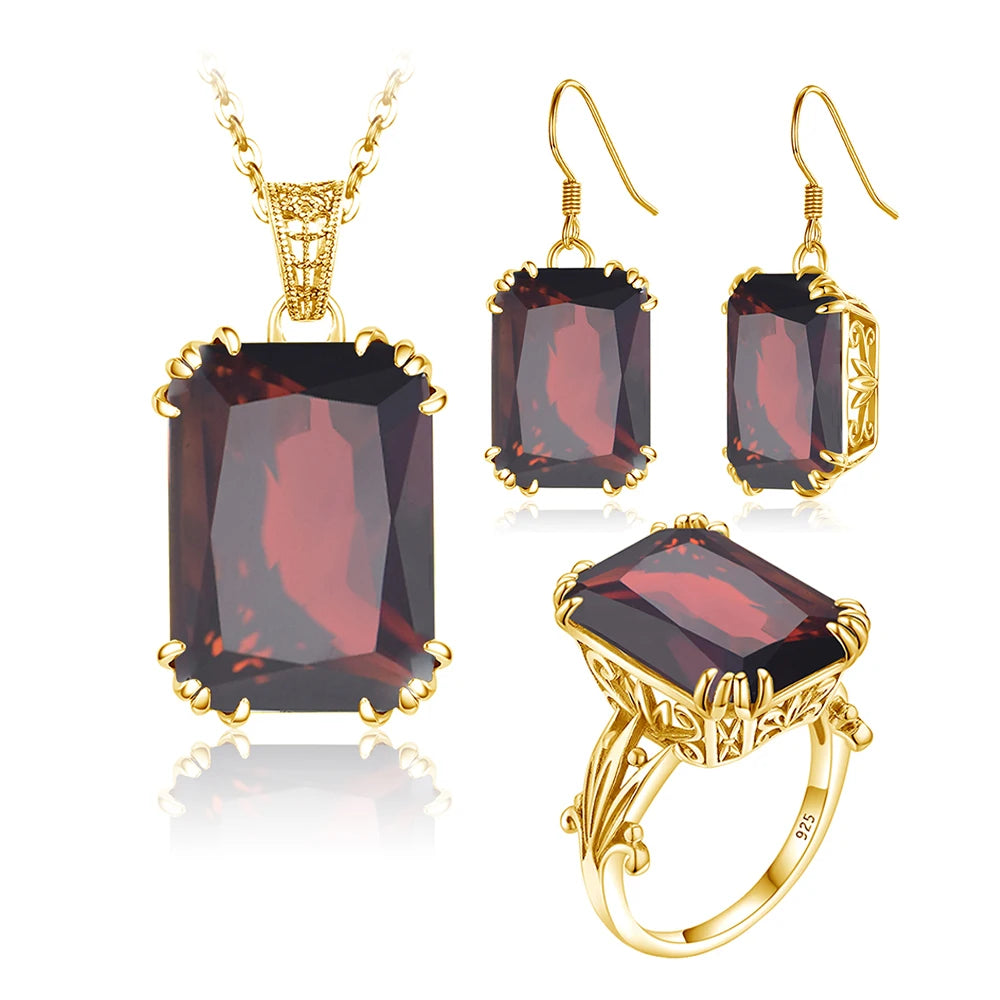Vintage Victorian 24k Gold Plated Garnet Gemstone Ring Earrings Necklace Set Dropshipping Silver Jewelry Hawaiian Jewelry Set