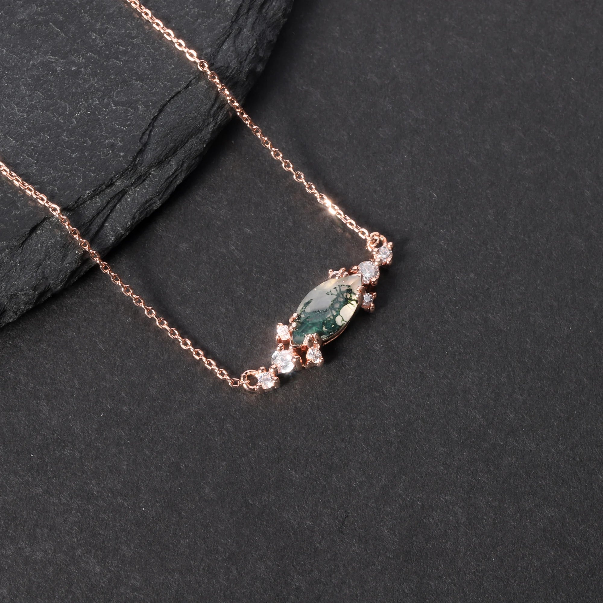 OL1025 Abiding Fine Jewelry 5x10mm Marquise Cut Gemstone Pendant Rose Gold Plated Pure Silver Moss Agate Necklace