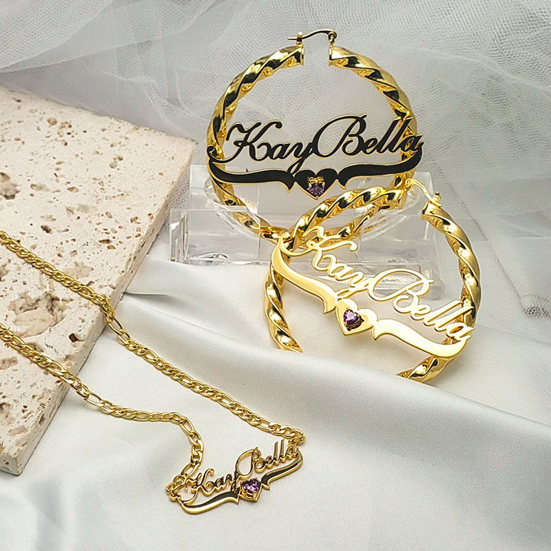 Qiuhan Stainless Steel Necklace and Earrings Set 18K IP Gold Plated Women Custom Name Jewelry Set