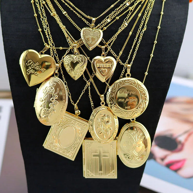 NM1300 Large Small 18K Gold Plated Flower Pattern Engraved Heart Picture Photo Locket Case Pendant Chain Necklace