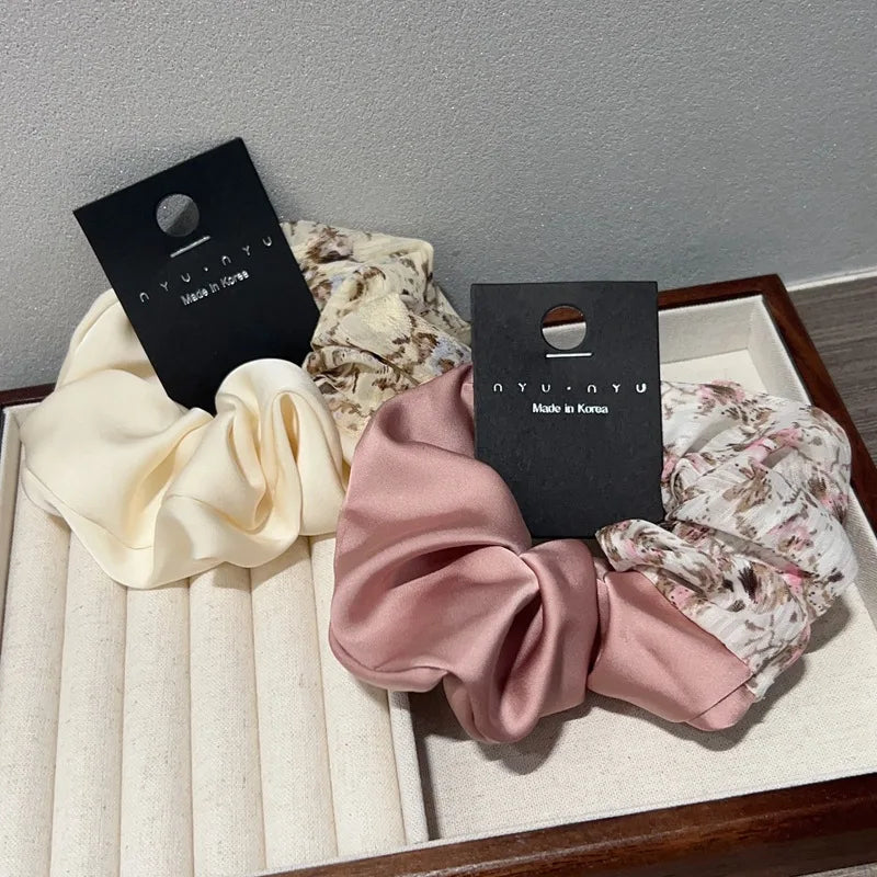 IVANHOE High Quality and Elegant Large Hair Band with Two Color Retro Style Floral Patchwork Satin Hair Rope Accessories