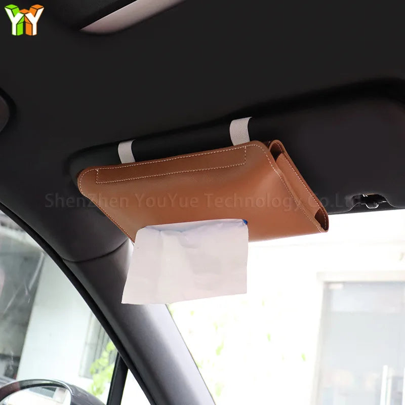 PU Leather Car Sun Visor Tissue Box Holder Elastic Band Car Tissue Cover Case Hanging Napkin Holder Storage Bag