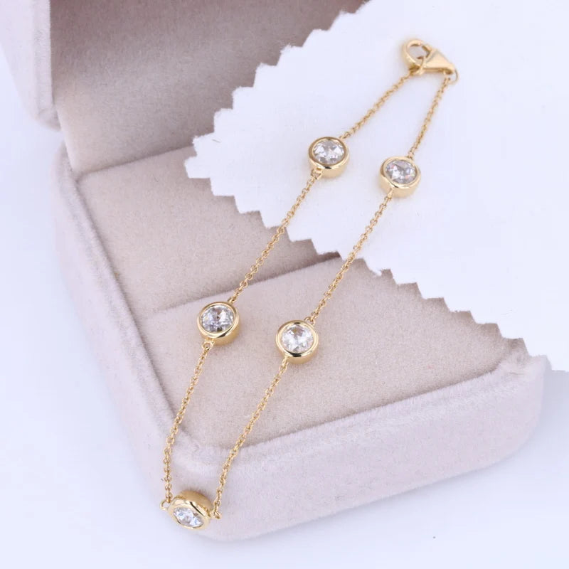 Starsgem 2022 Hot Sale Charm Bracelet Round Stone Tennis Ankle Bracelet Style 18K Yellow Gold Moissanite Bracelet.