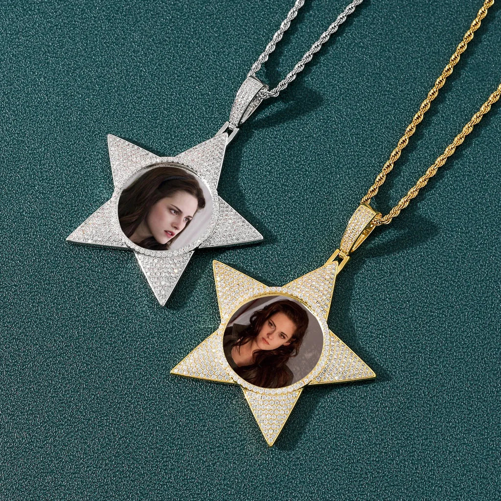 European and American Hip Hop Private Photo Pentagram Photo Frame Pendant Micro-inset Zircon Copper Pendant