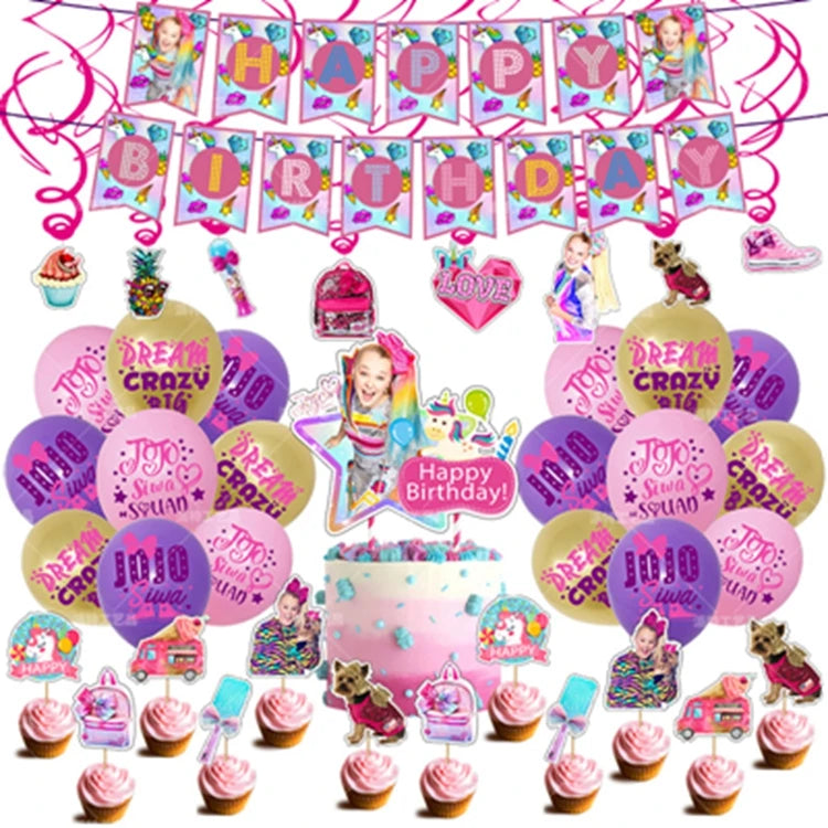 JoJo Party Decorations JoJo Birthday Party Supplies Include Banner Balloon Cake Cupcake Topper  for Girls Siwa Theme Party X4234