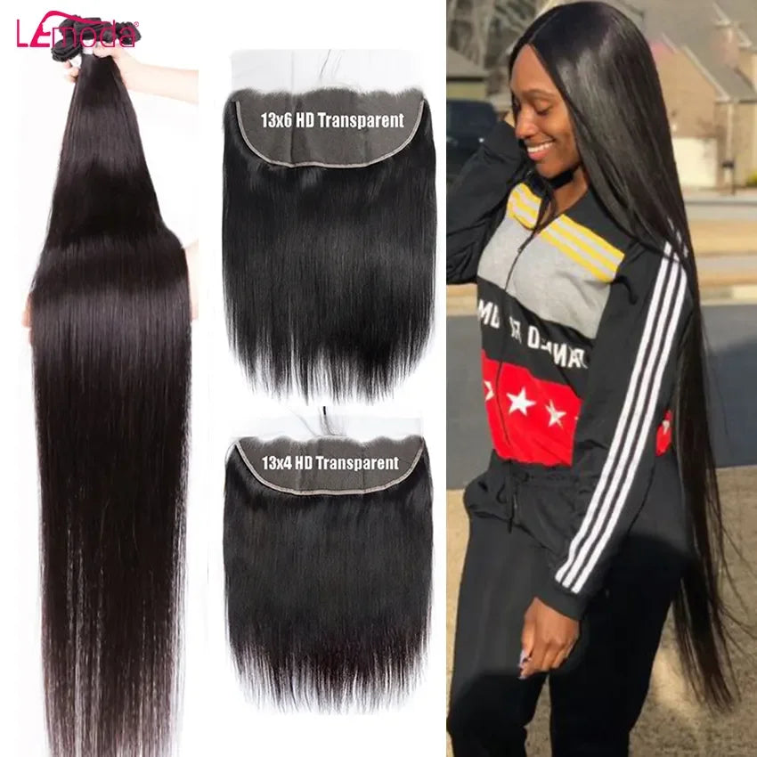 Lemoda Hair Vendor Bone Straight Human Hair Bundles With Closure Brazilian Cuticle Aligned Virgin Hair Bundles With Lace Frontal
