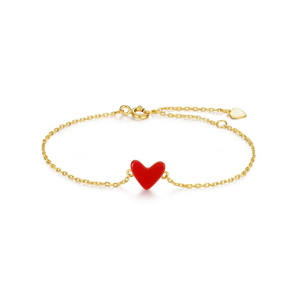Women's 925 Sterling Silver Gold Plated Trendy Little Red Love Heart Wedding Party Gift Bracelets