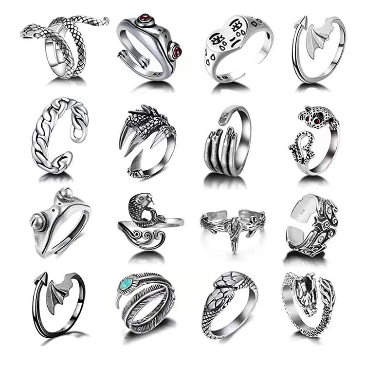 Gothic Punk Vintage 16 Piece Set Snake Animal Crying Frog Opening Ring for Boys
