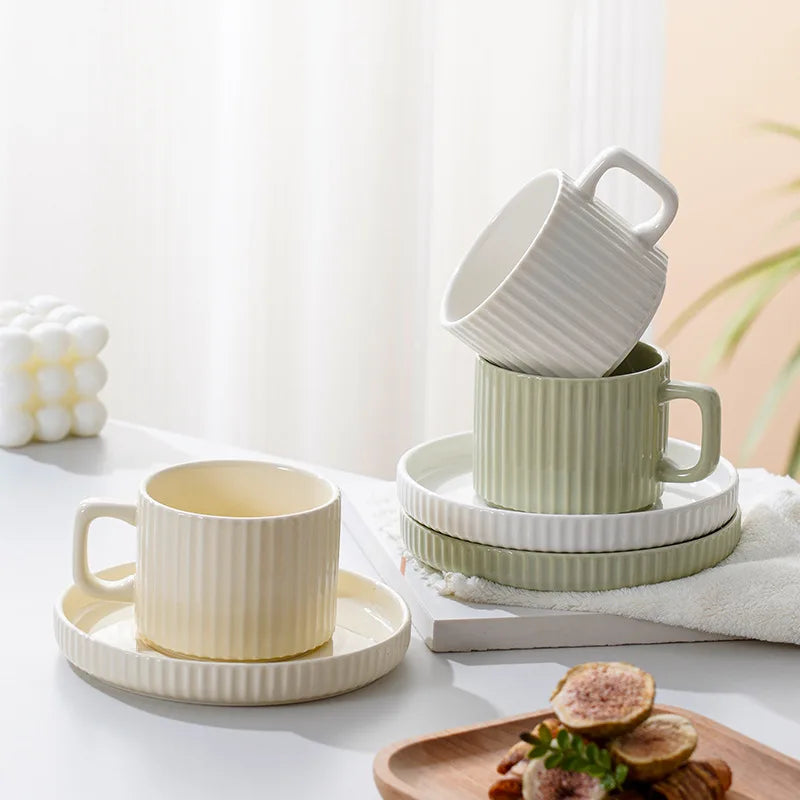 Ins Nordic Cup and Saucer Ceramic Mug Set Creative Vertical Grain Milk Cup Wholesale