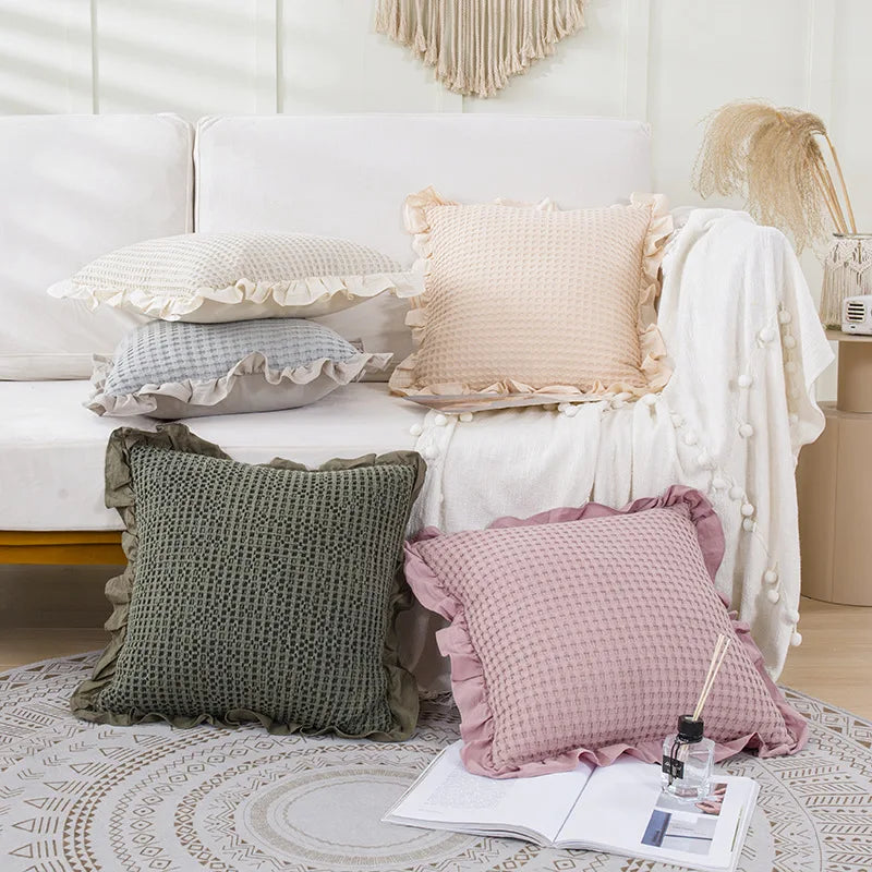 Waffle Textured Decorative Throw Pillow Covers With Ruffled Euro Shams/