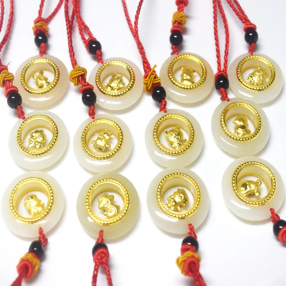 Christmas Chinese New Year a Grade 24k Gold Plated Jade Twelve Chinese Zodiac Signs Pendant Necklace Jewelry