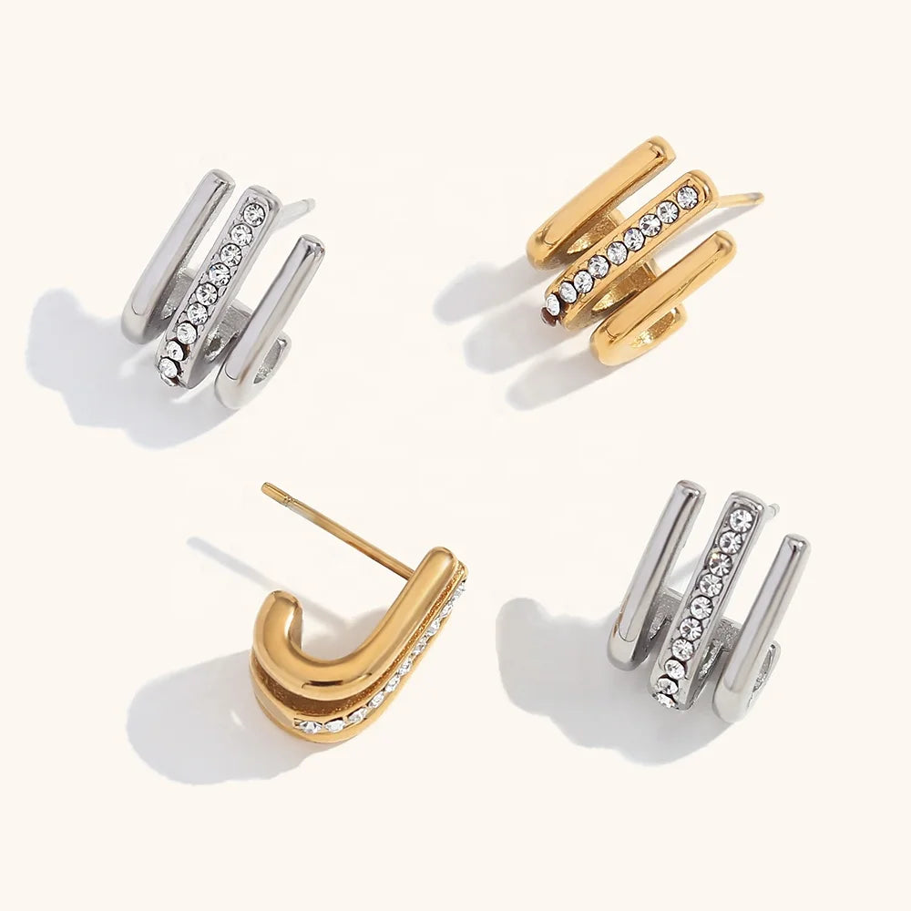 Dingran OEM Factory Stainless Steel Jewelry Multilayer Crystal Rhinestone PVD Gold Plated Earrings