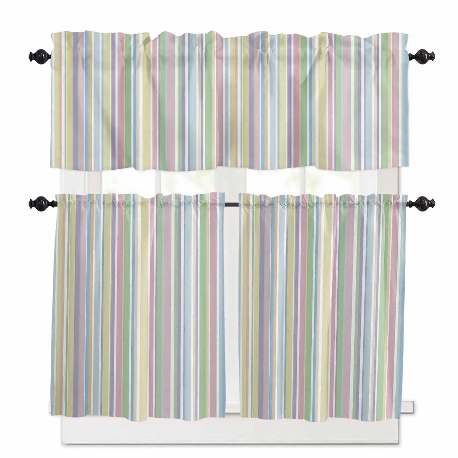 Wholesale White Colorful Stripes 3pcs Darkening Kitchen Tier Short Curtains for Bedroom Living Room