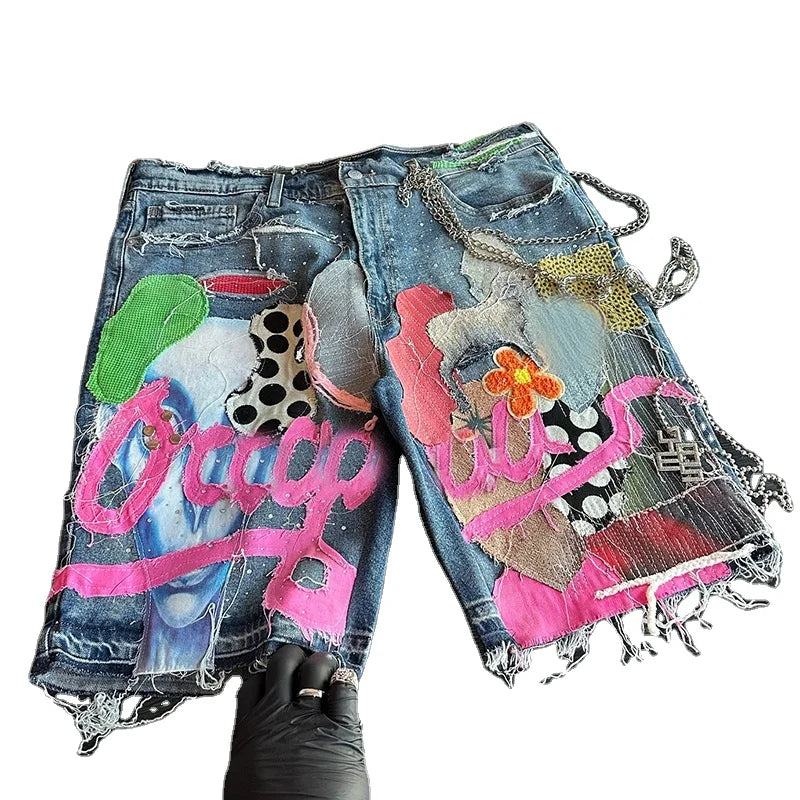YSJY Streetwear Summer Stonewashed Shorts Men Custom Jeans Vintage Pour Hommes Applique Jorts