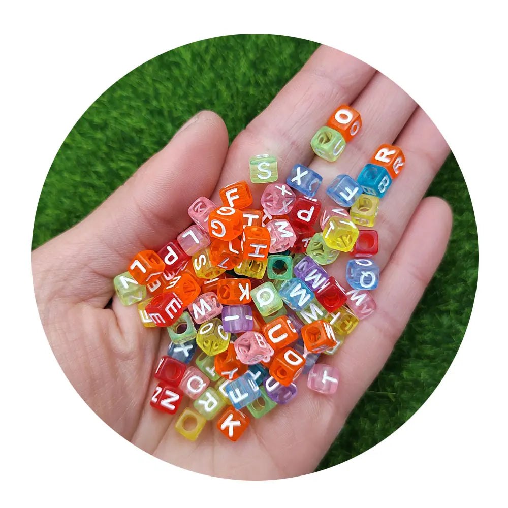 7mm Acrylic Beads Transparent Colorful Letters Square Alphabet White Cube Loose Spacer Beads for Jewelry Phone Strap Making