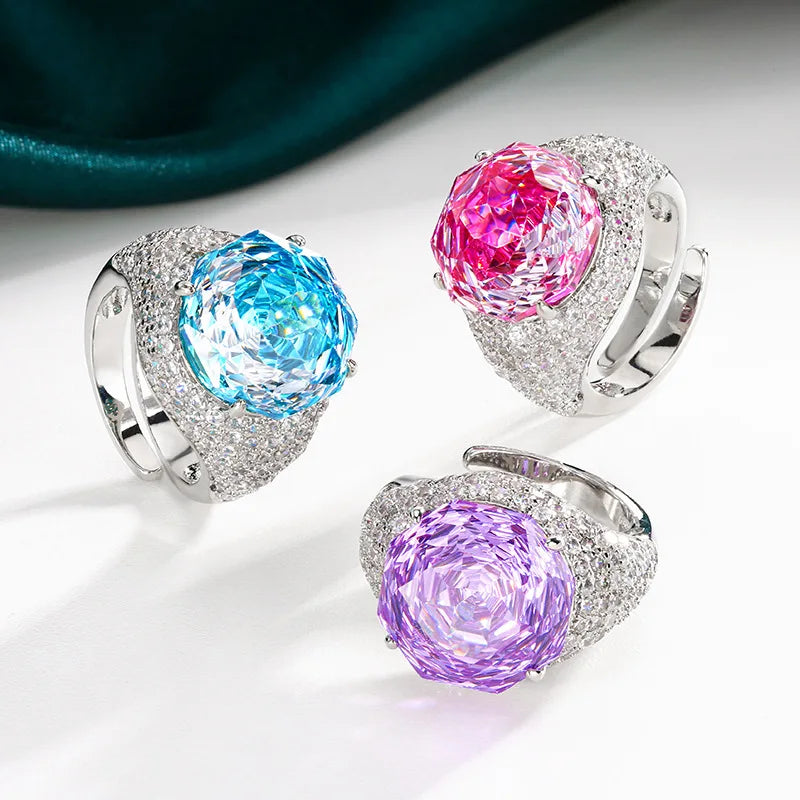New Quality High-end Brass Gold-plated 14mm Rose Zircon Cut Multi-color Women's Luxurious Open Jewelry Ring