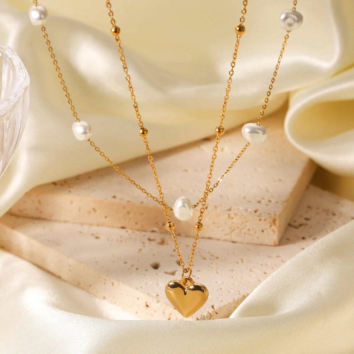 2025 New Design 18K Gold Plated Stainless Steel Imitation Pearl Heart Pendant Double Necklace for Women