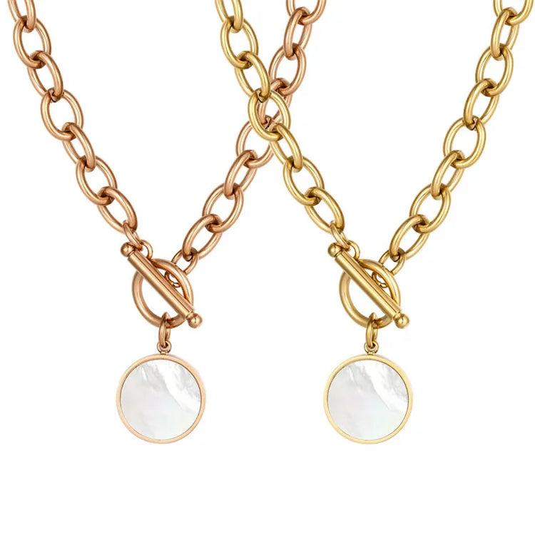 Wholesale Stainless Steel OT Clasp Necklace Gold Plated Shell Round Pendant Necklace