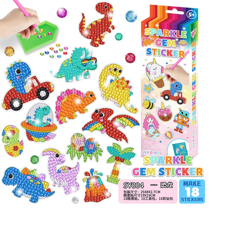 New Diamond Painting Stickers Color Box Set Diy 18 Pcs Dinosaur Theme Sparkle Gems Diamond Stickers Gifts for Children