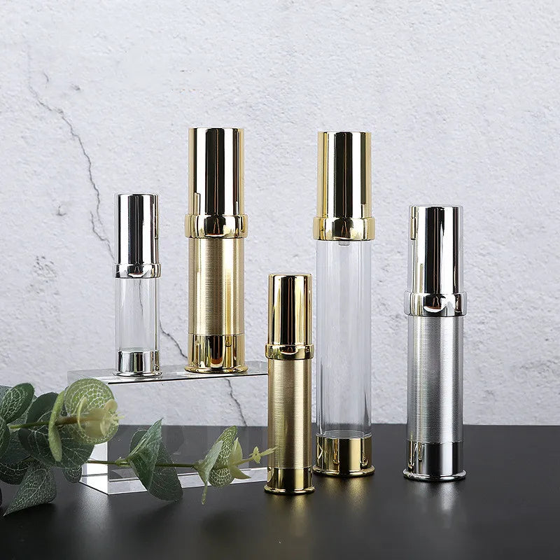 5ml 10ml 15m 20ml 30ml Luxury Gold and Silver AS Airless Pump Lotion Bottle and PP Spray Bottle with Black Cap Cosmetic Package